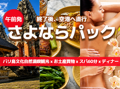 【さよならパック】帰国日も満喫！ウブド周辺観光＆スパ＆インドネシア料理ディナー付きプラン
夕食後は空港に向かいます。
